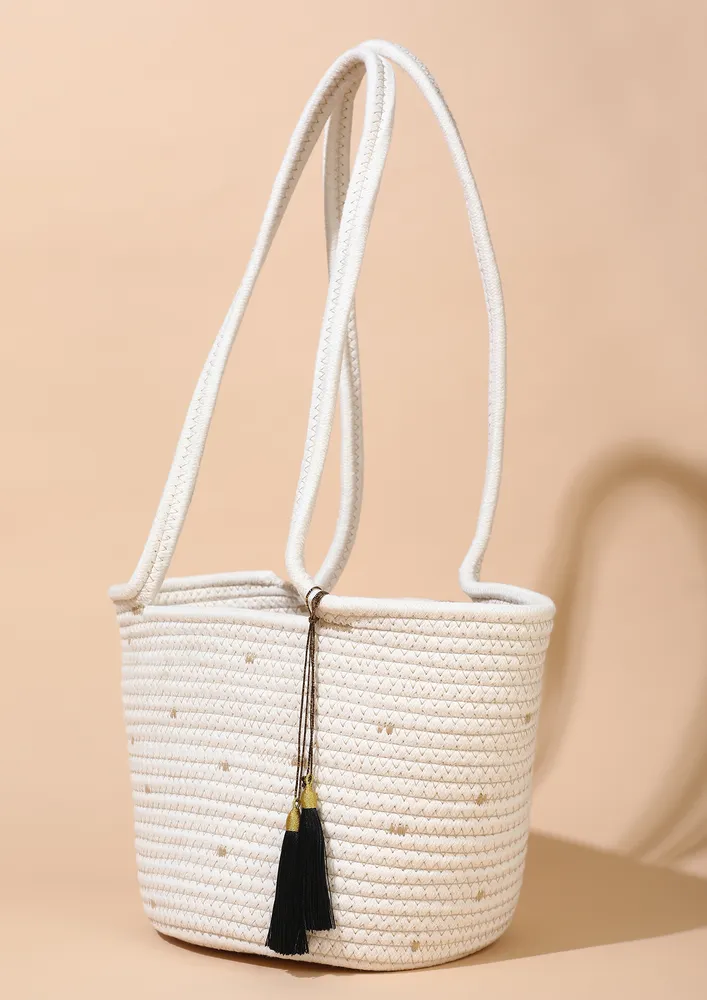 WHITE CONTRAST STITCH TEXTURED BEACH BAG