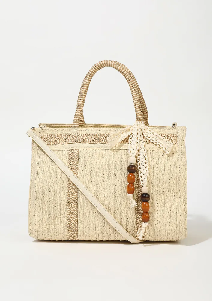 TEXTURED BEIGE LARGE STRAW HANDBAG