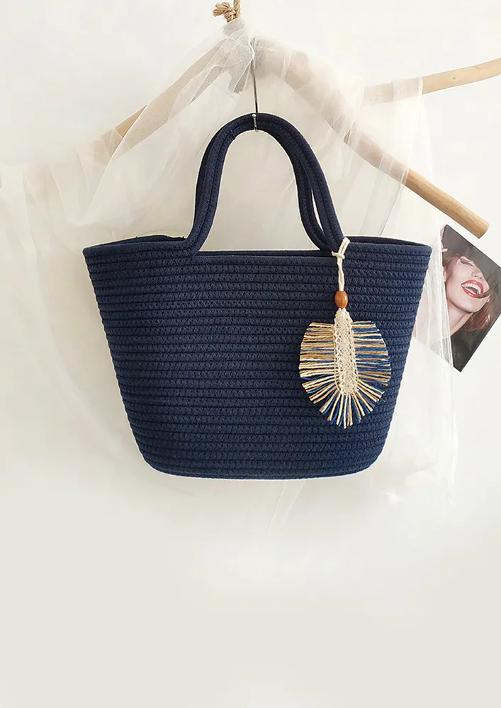 COTTON DARK BLUE TEXTURED BEACH TOTE BAG