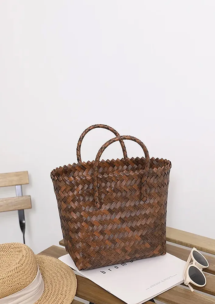 BROWN BASKET WEAVE TEXTURED OPEN-TOP BAG