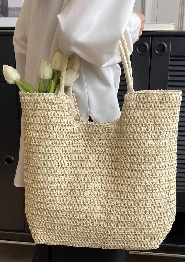 BEIGE DOUBLE HANDLE STRAW BEACH SHOPPER BAG