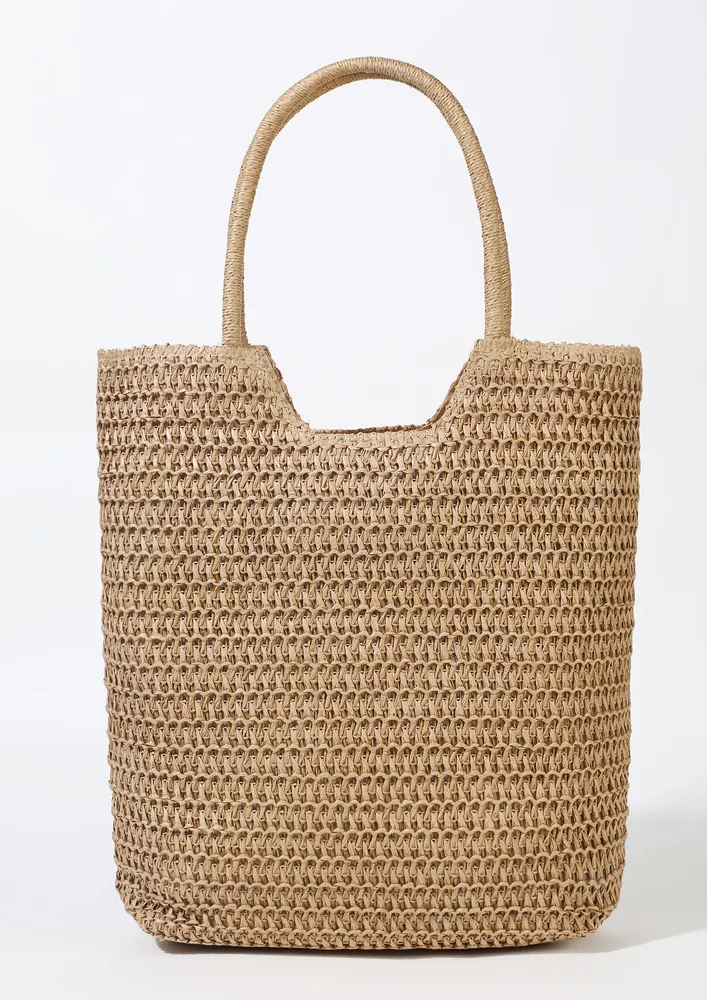 KHAKI DOUBLE HANDLE STRAW BEACH SHOPPER BAG