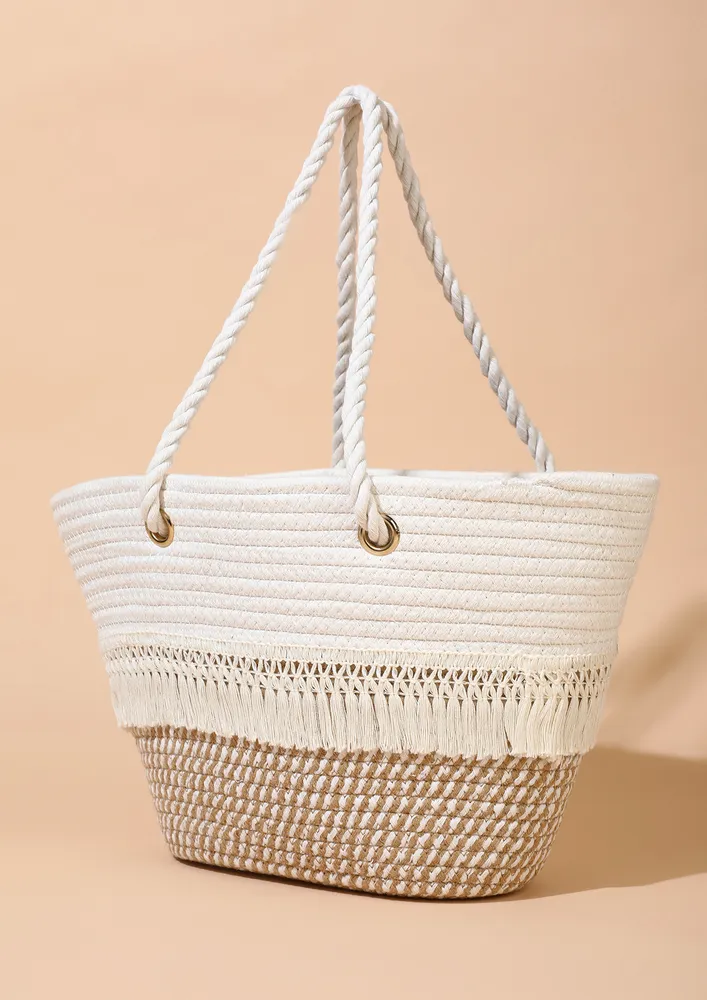 TEXTURED TASSEL DETAIL BEACH SHOPPER BAG