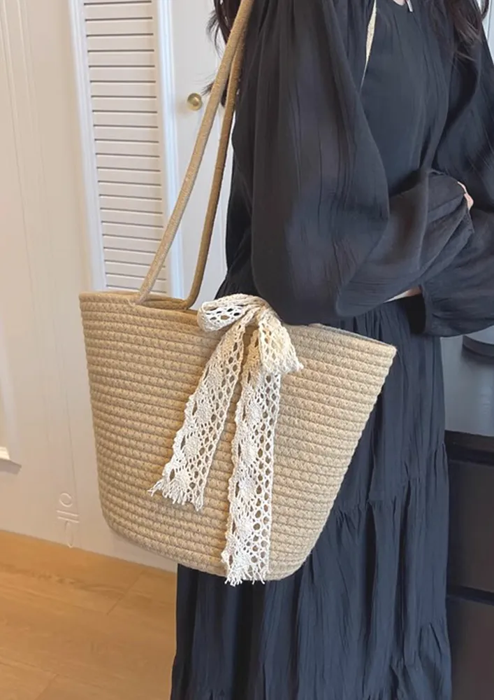 KHAKI TEXTURED COTTON BEACH SHOPPER BAG