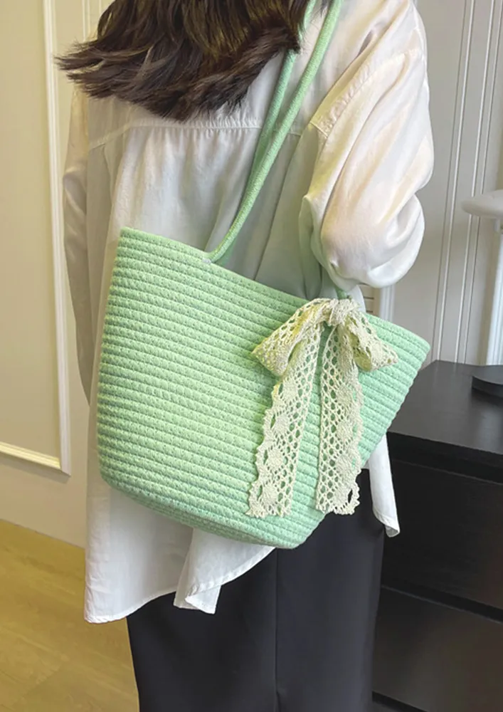 GREEN TEXTURED COTTON BEACH SHOPPER BAG