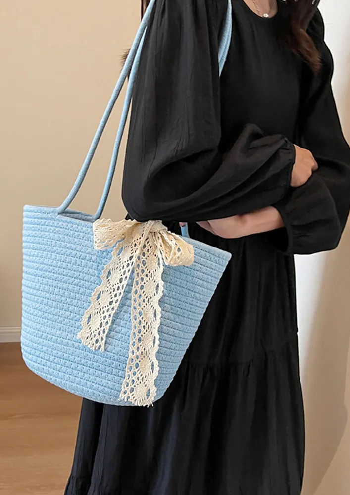 LIGHT BLUE TEXTURED COTTON BEACH SHOPPER BAG