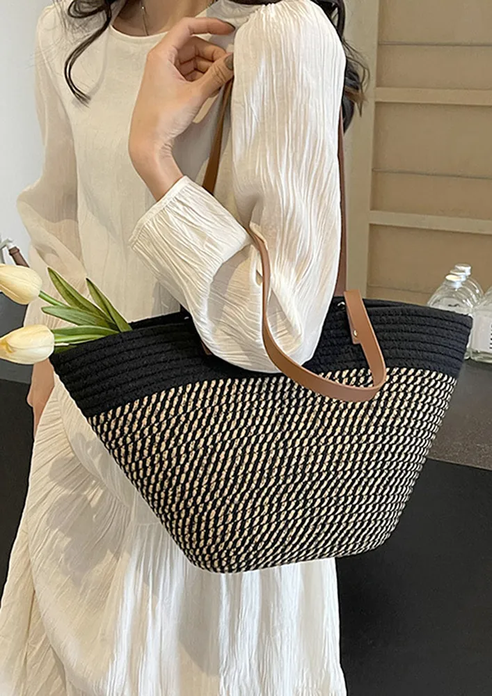 COTTON CONTRAST BLACK BEACH SHOPPER BAG