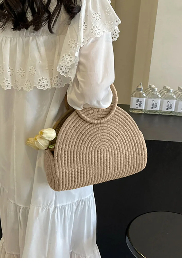 KHAKI WOODEN HANDLE SEMI-CIRCULAR BAG