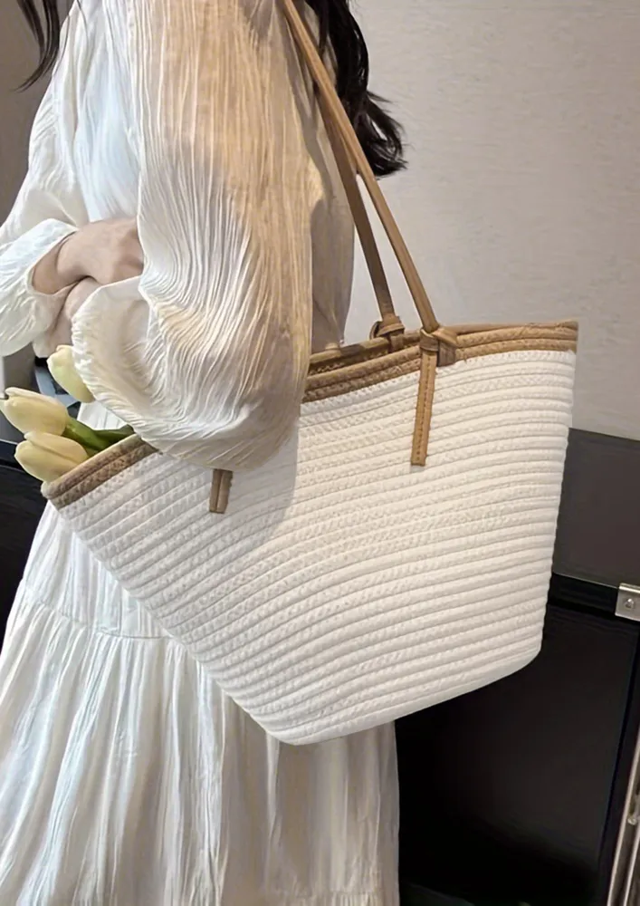 WHITE CONTRAST DOUBLE STRAPS BEACH SHOPPER BAG