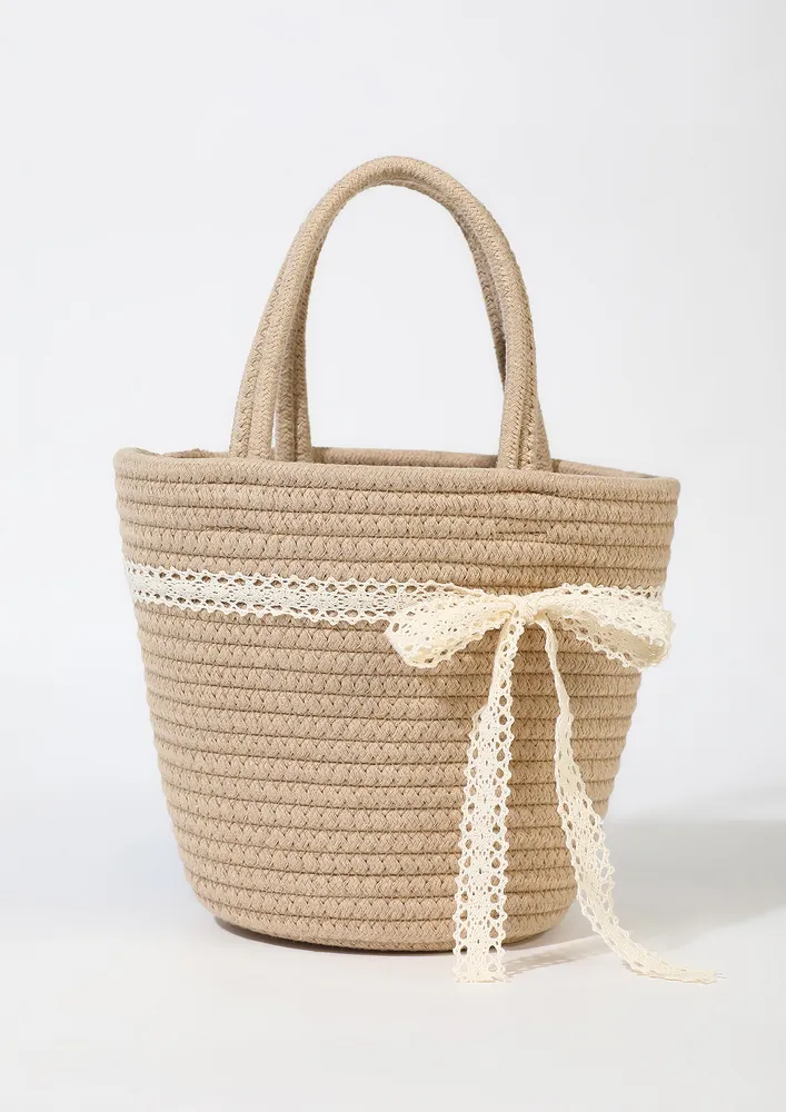 LACE-TRIMMED BOWKNOT DETAIL KHAKI BEACH HANDBAG