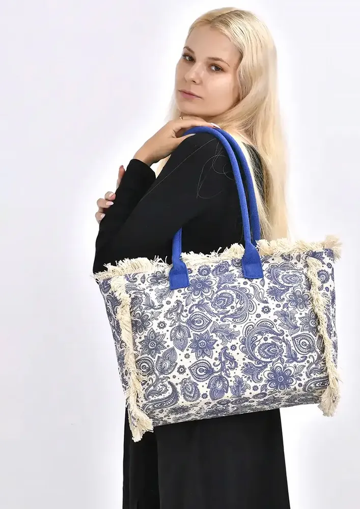 FRINGE-EDGE BLUE LARGE CANVAS TOTE BAG