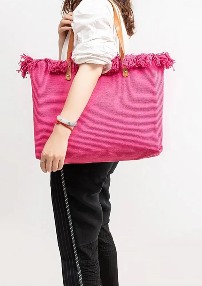 PINK LARGE FRINGE-EDGE CANVAS TOTE BAG