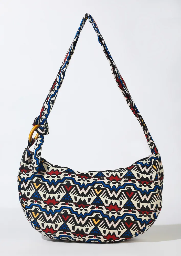 MULTICOLOUR GEOMETRIC PRINT CROSSBODY CRESCENT BAG