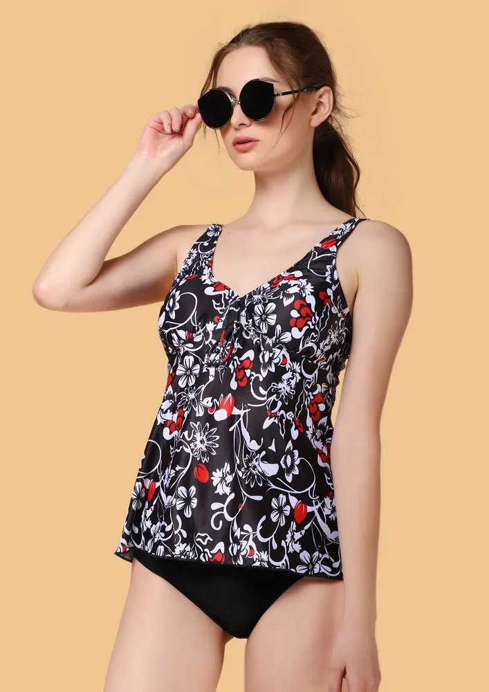 A FLORAL SPLASH PRINTED BLACK SWIMWEAR SET