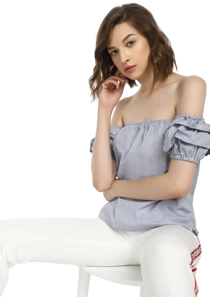 SUN KISSED LIGHT GREY OFF-SHOULDER TOP
