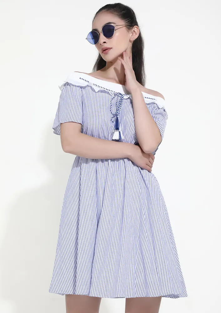 CATCHING HAPPY VIBES BLUE OFF-SHOULDER DRESS