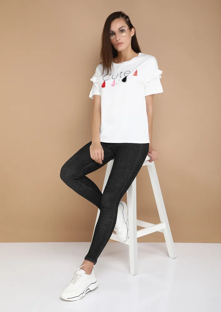 TASSLE ALL THE WAY WHITE T-SHIRT