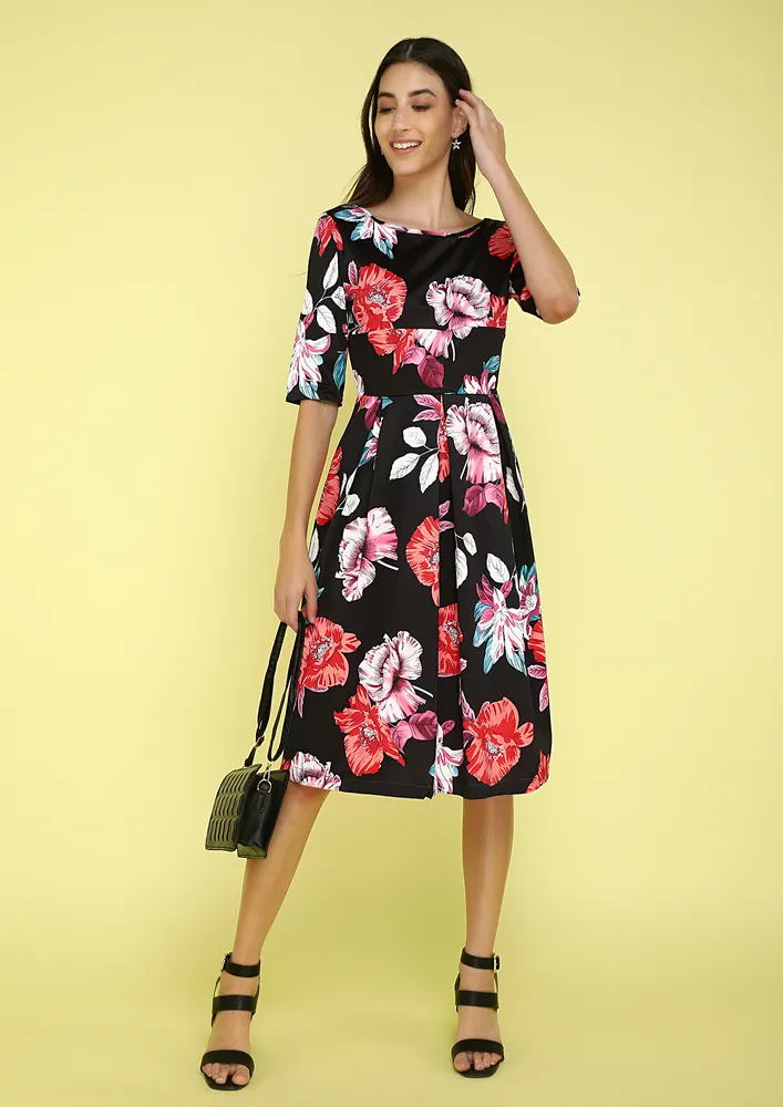 FLORAL PRINT ROUND NECK SKATER DRESS