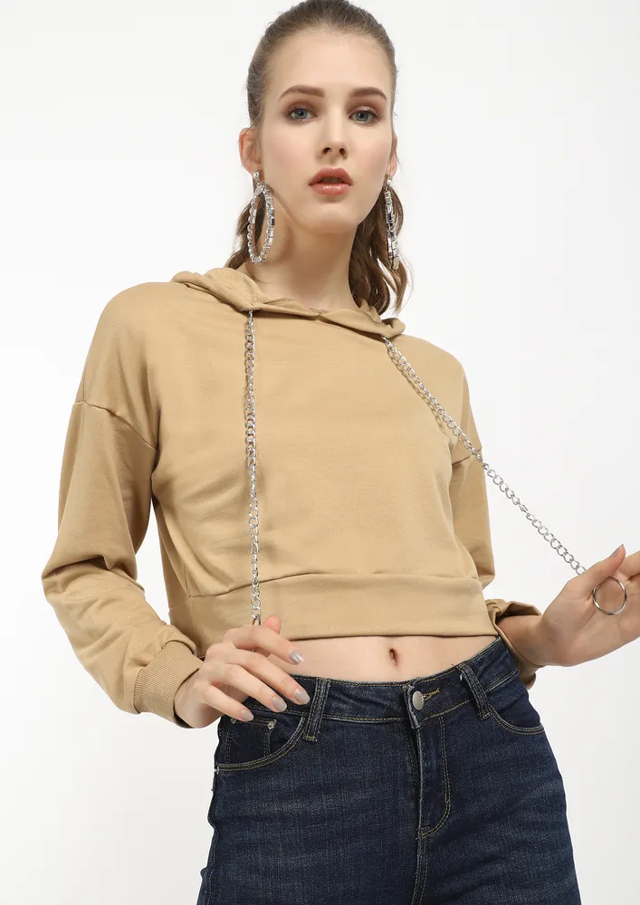 O-RINGS AND A HOOD KHAKI CROPPED SWEATSHIRT