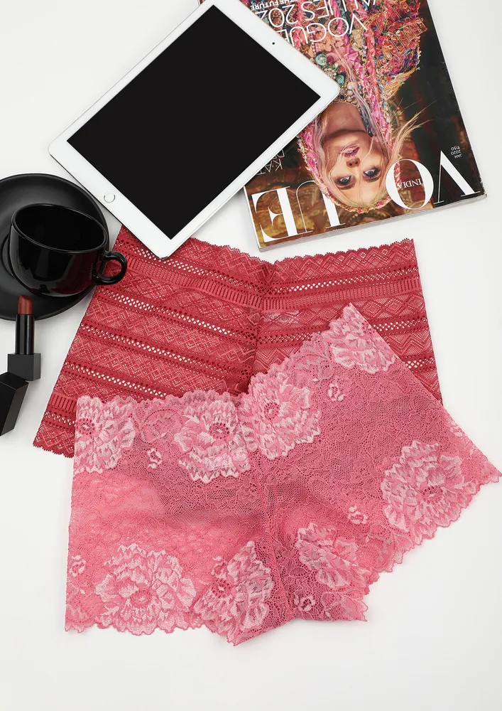 AT EASE MID WAIST MAROON AND PINK LACE BOYSHORTS