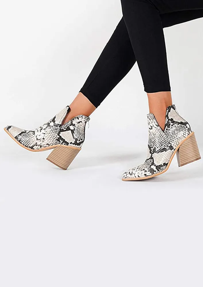 GREY PRINTED MID BLOCK HEEL ANKLE BOOTS