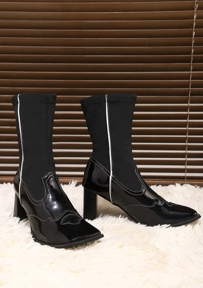 BLACK FABRIC PU CALF LENGTH MID HEEL BOOTS