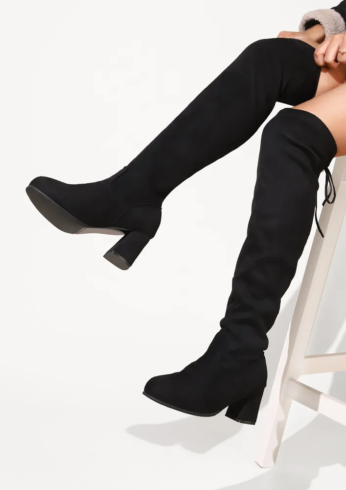 SOLID BLACK ABOVE THE KNEE BLOCK HEEL BOOTS