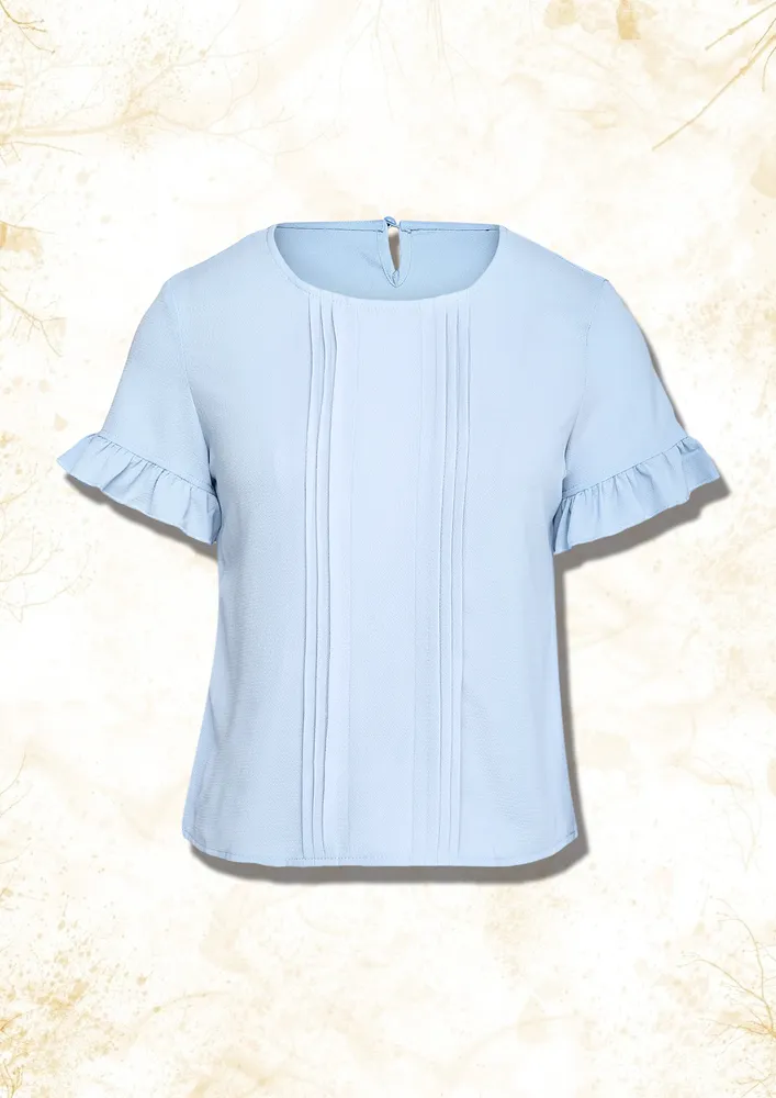 BLUE PLEATED & RUFFLE TRIM BLOUSE