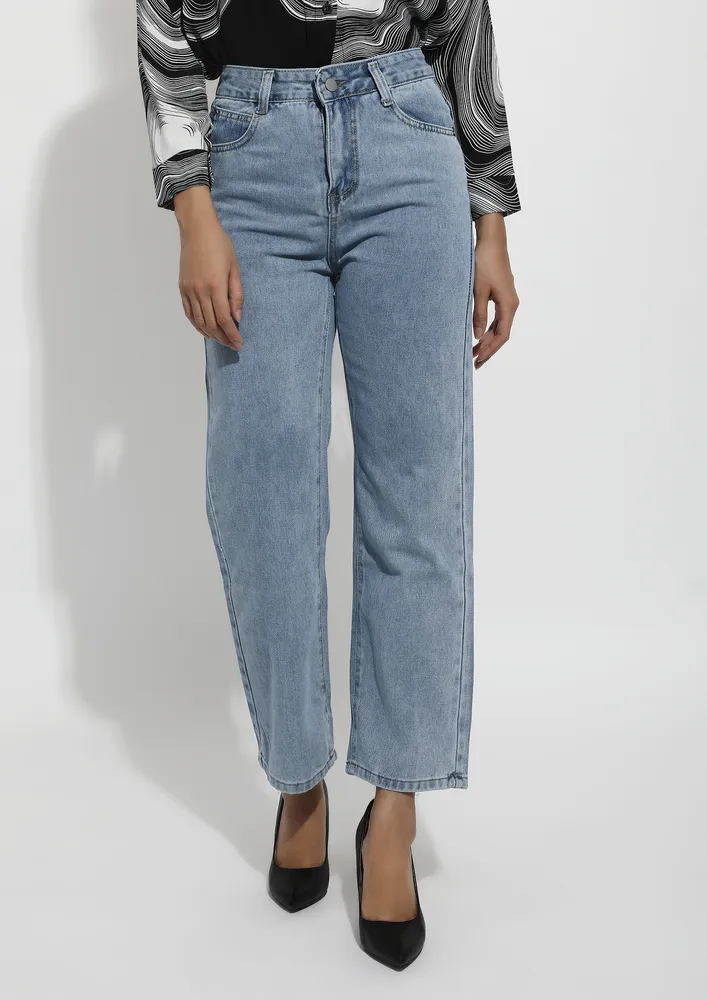 LIGHT BLUE CROSS-HIGH-WAIST FRONT STRAIGHT JEANS