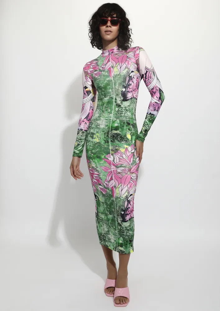 PRINTED GREEN-PINK TURTLENECK PENCIL DRESS