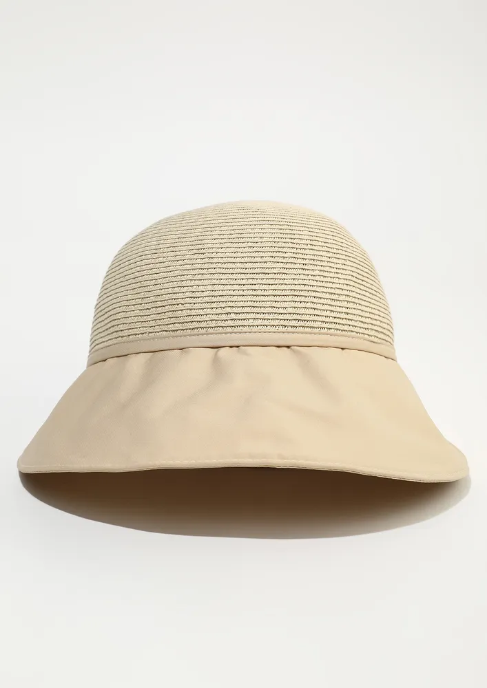 BEIGE COTTON BUCKET STRAW HAT