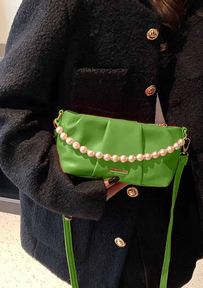 GREEN PU PEARL-HANDLE HANDBAG