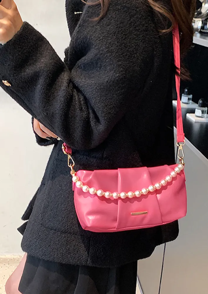 RED PU PEARL-HANDLE HANDBAG