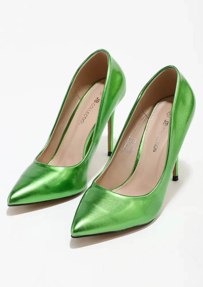 METALLIC GREEN SLIP-ON PUMP HEELS