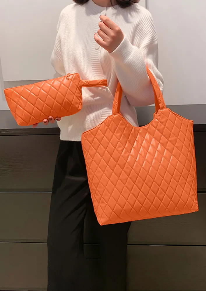 QUILTED ORANGE MEDIUM PU HANDBAG