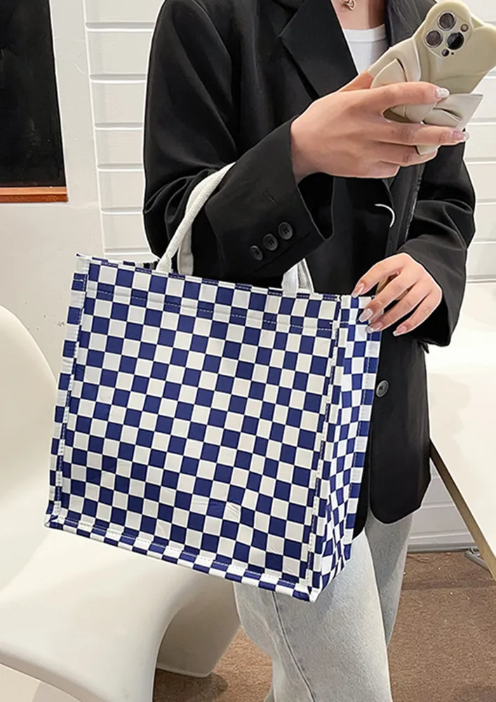 CHECKERBOARD PRINT BLUE SHOPPER BAG