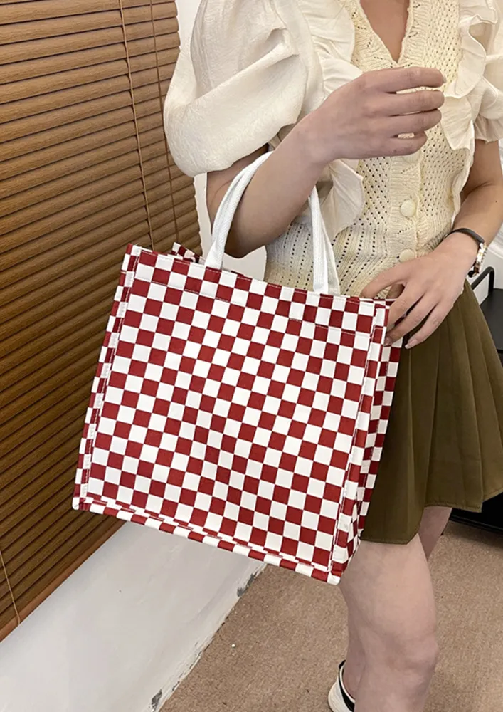 CHECKERBOARD PRINT RED SHOPPER BAG