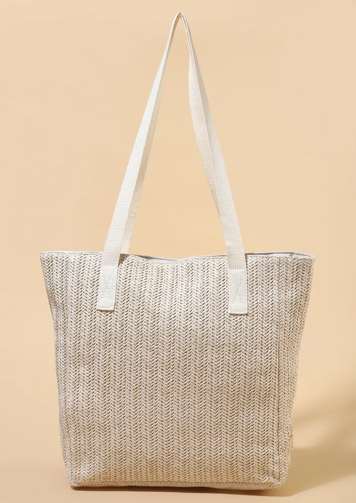 WHITE STRAW-DETAIL TOTE BAG