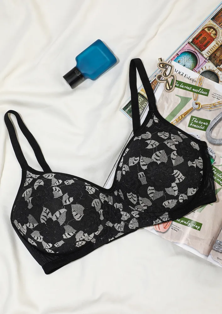 BLACK FLORAL FULL FIGURE COMFY BRA