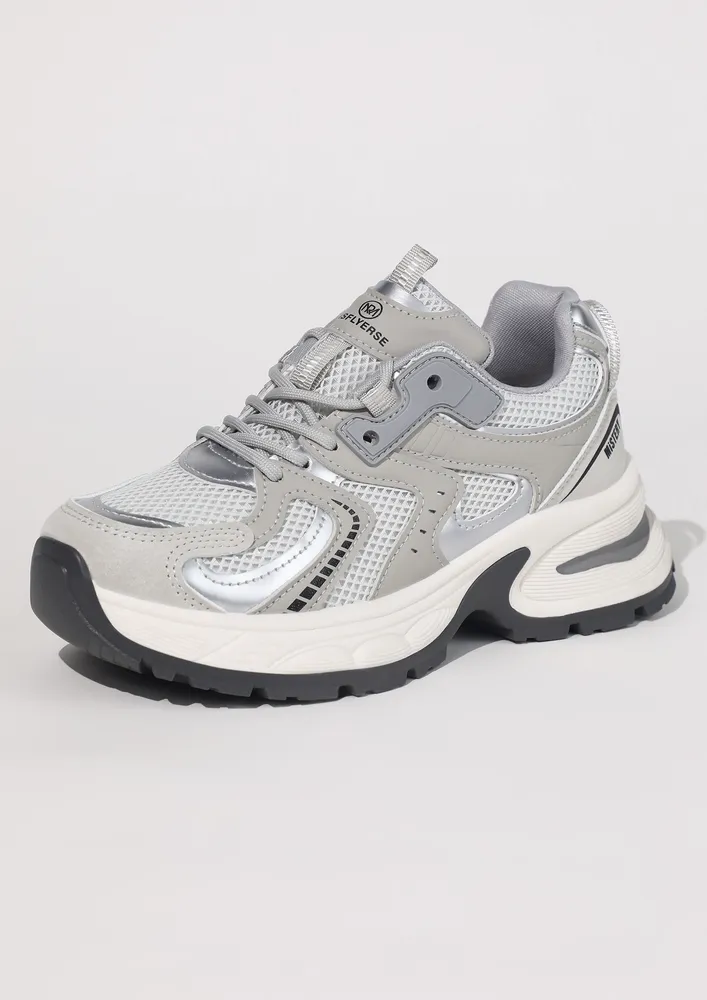 GREY CONTRASTED PU CASUAL TRAINERS 