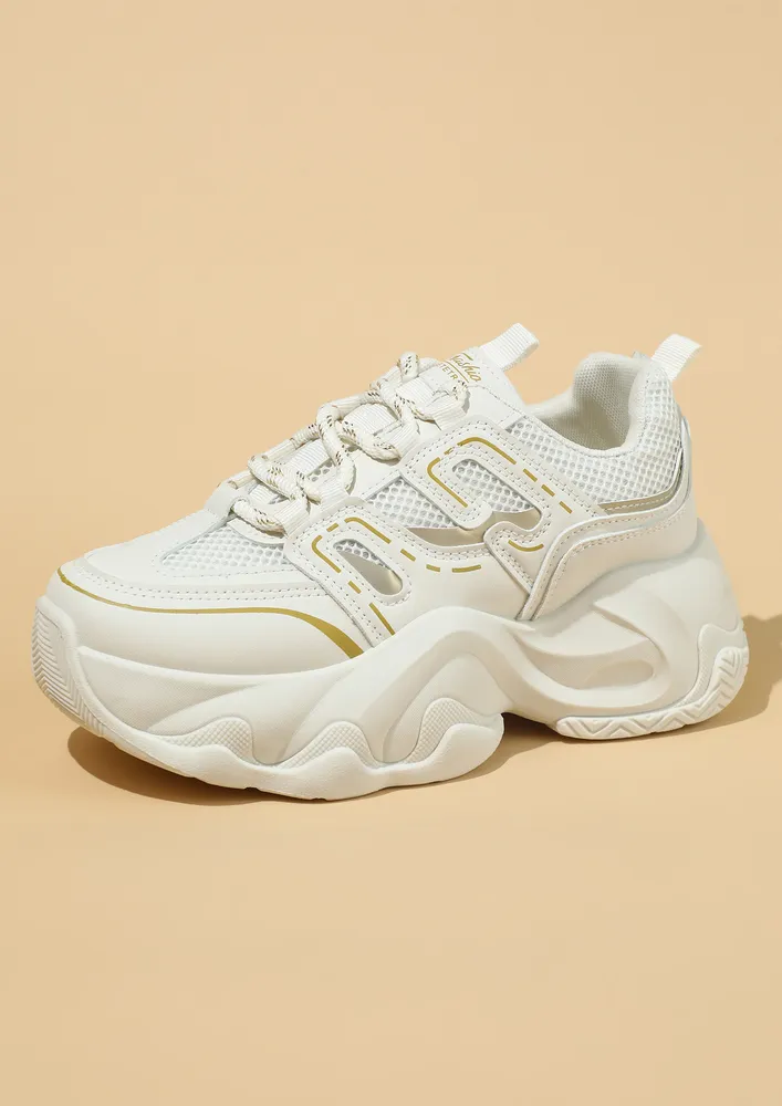 MESH DETAIL BEIGE ROUNDED TOE SNEAKERS
