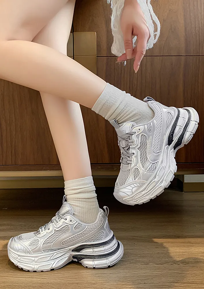 CHUNKY SILVER LACE-UP SNEAKERS