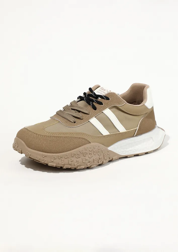 CONTRAST BROWN CHUNKY LACE-UP SNEAKERS