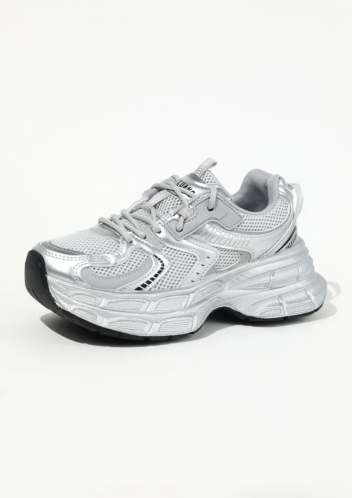 ROUNDED TOE MESH OVERLAY CHUNKY SNEAKERS