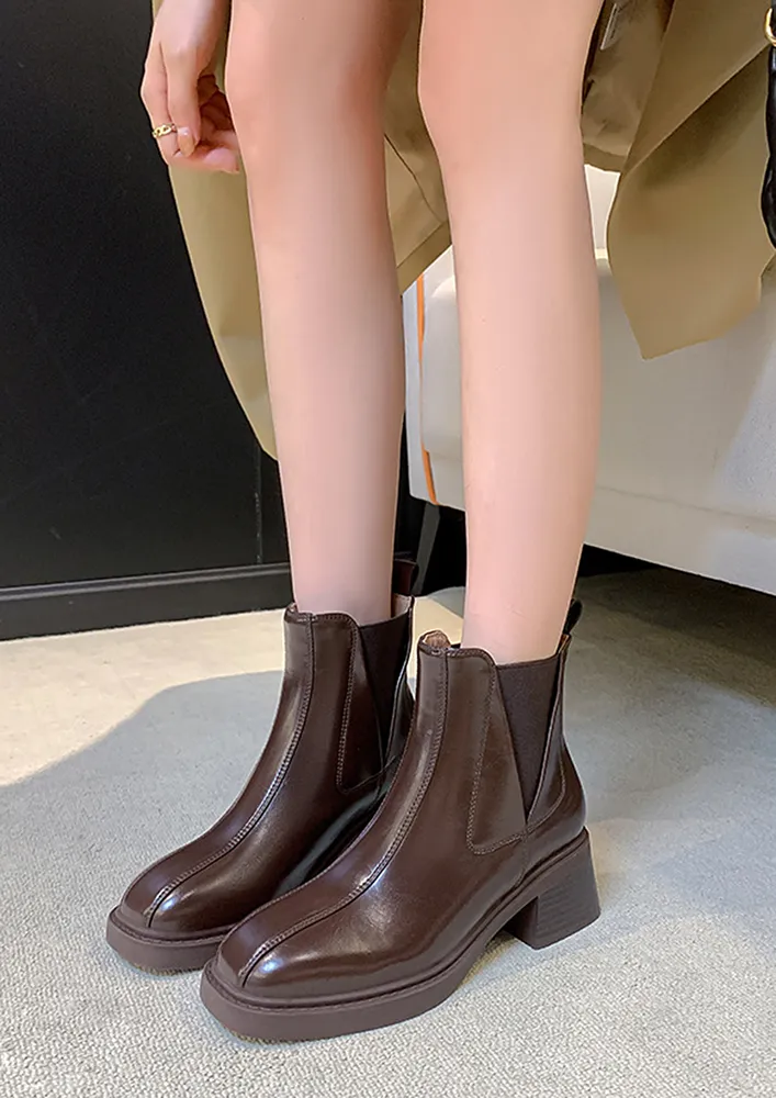 BROWN BLOCK HEEL CHELSEA BOOTS