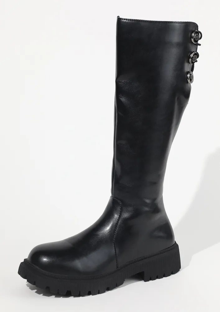 ROUNDED TOE BLACK KNEE-LENGTH BOOTS