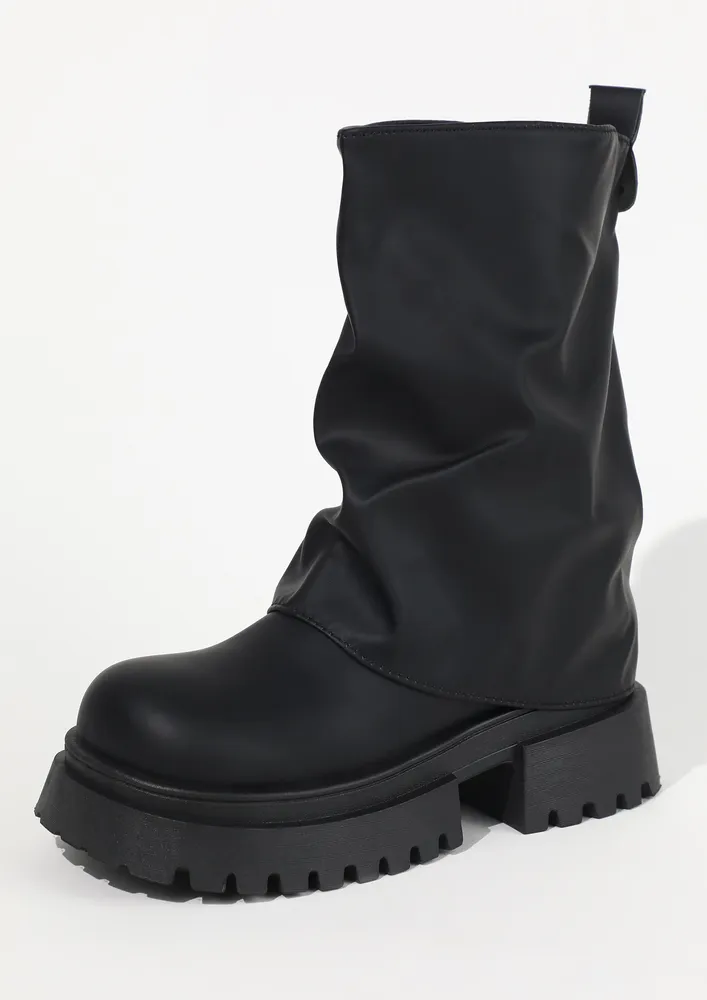BLACK GATHERED SHAFT MID-CALF BOOTS