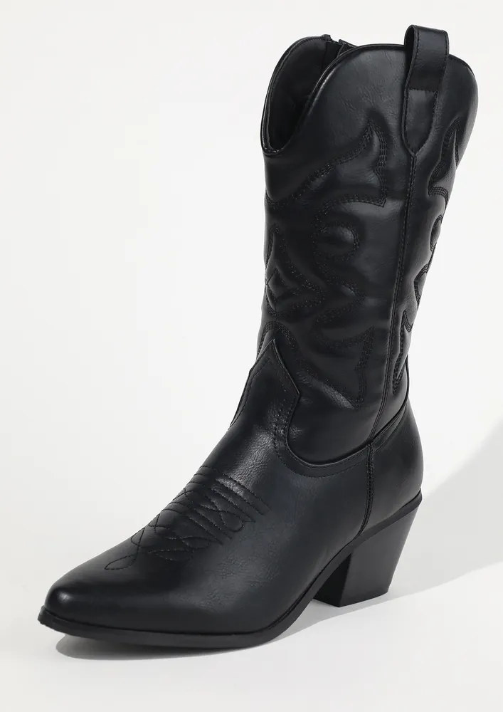 BLACK STITCH DETAIL PU LEATHER COWBOY BOOTS