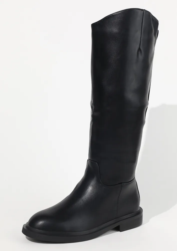 BLACK ROUNDED TOE MID-CALF BOOTS