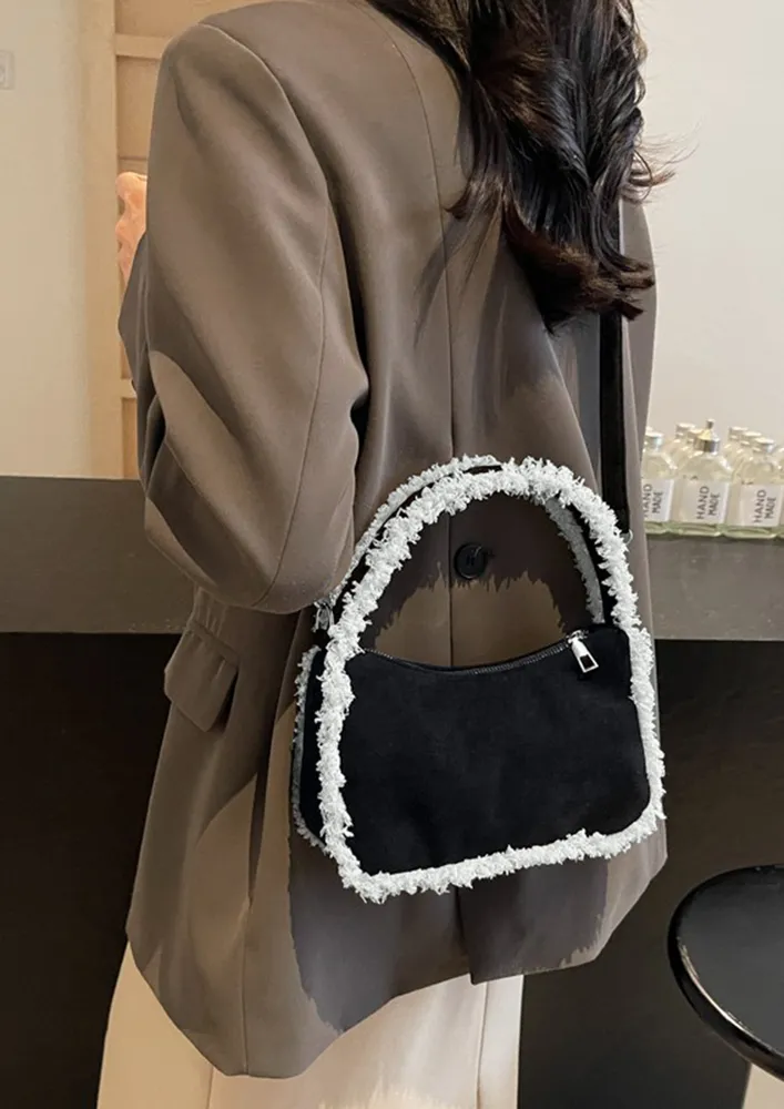 BLACK CONTRAST FAUX FUR TRIM SLING BAG